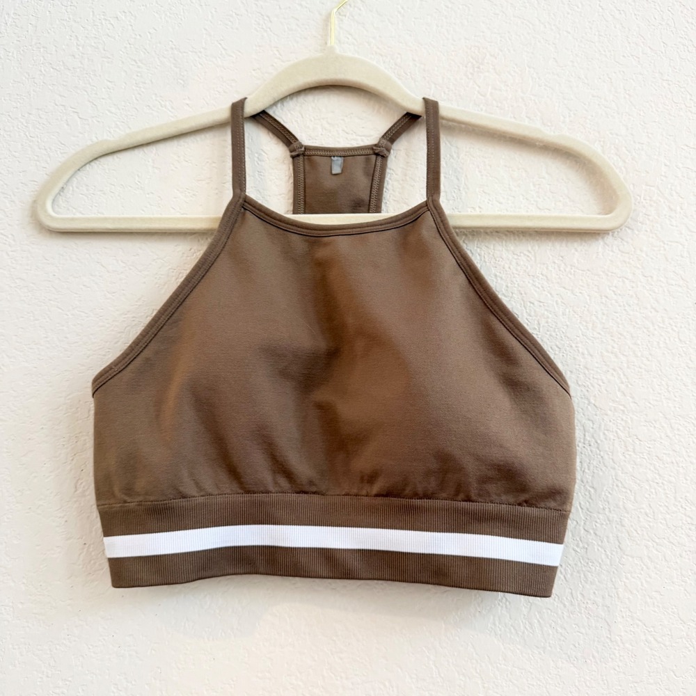The Upside Womens Brown High Neck Racerback Sports Bra Size Medium Striped Band